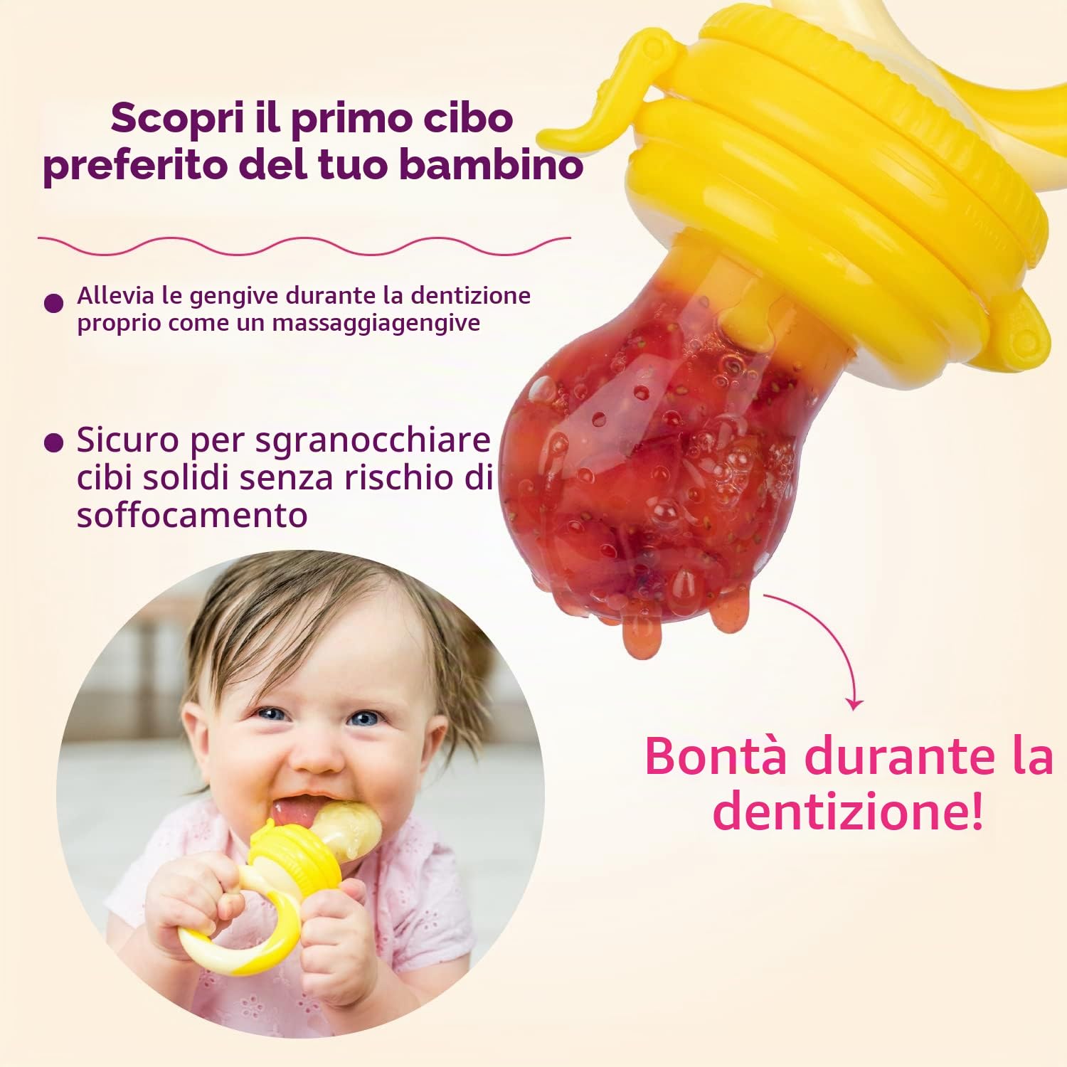 Ciuccio per Frutta Neonati Alimenti NatureBond (2 Pezzi) – Gioco per Stimolare la Dentizione dei Bambini in Colori che Stimolano l’Appetito (Giallo e Aranciona)