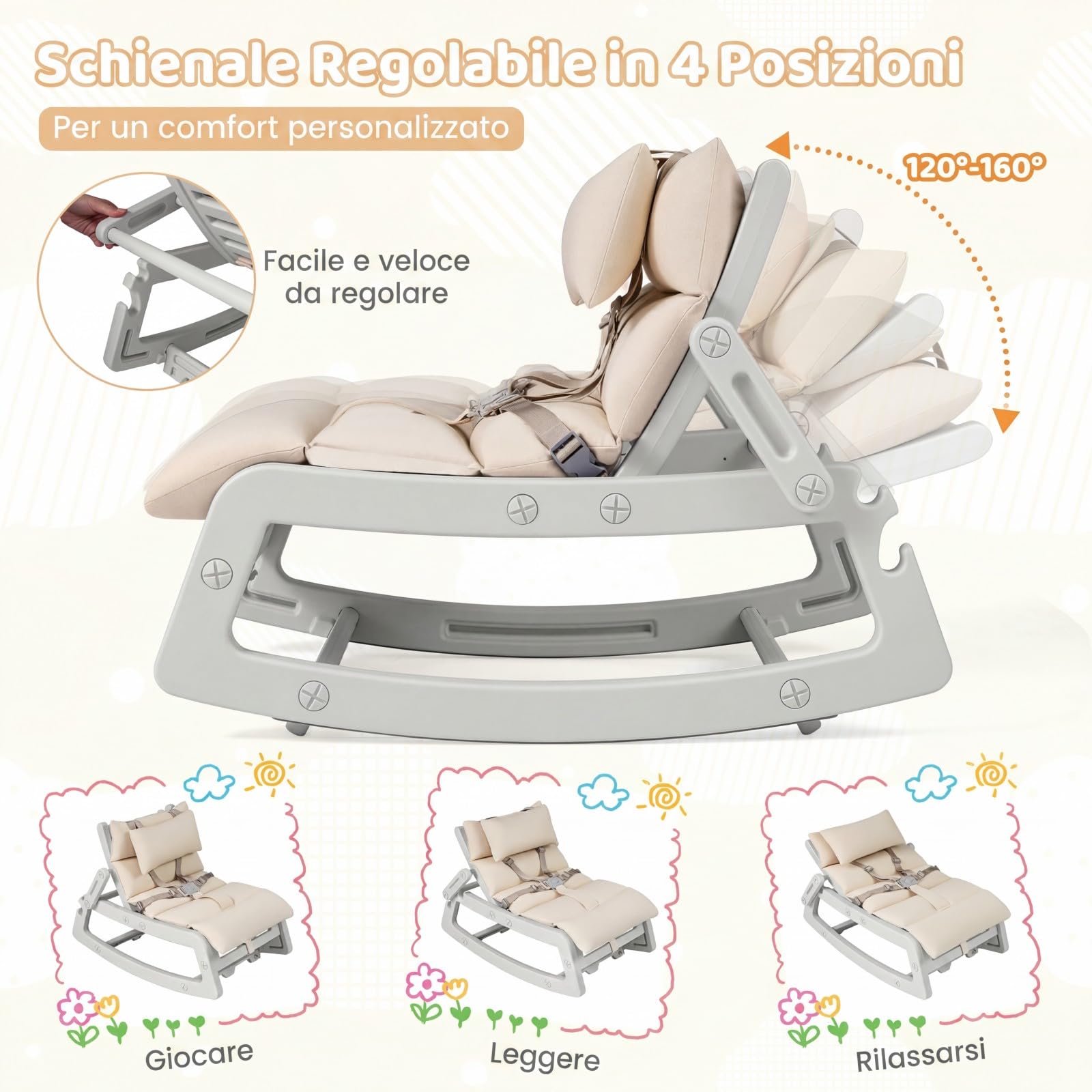 COSTWAY Sedia a Dondolo per Bambini, Sdraietta a Dondolo Imbottita con Schienale Regolabile, Cucino Morbido, Poggiatesta Rimovibile e Cintura 5 Punti, Portata 80 kg, per Bambini 6+ Mesi (Grigio)