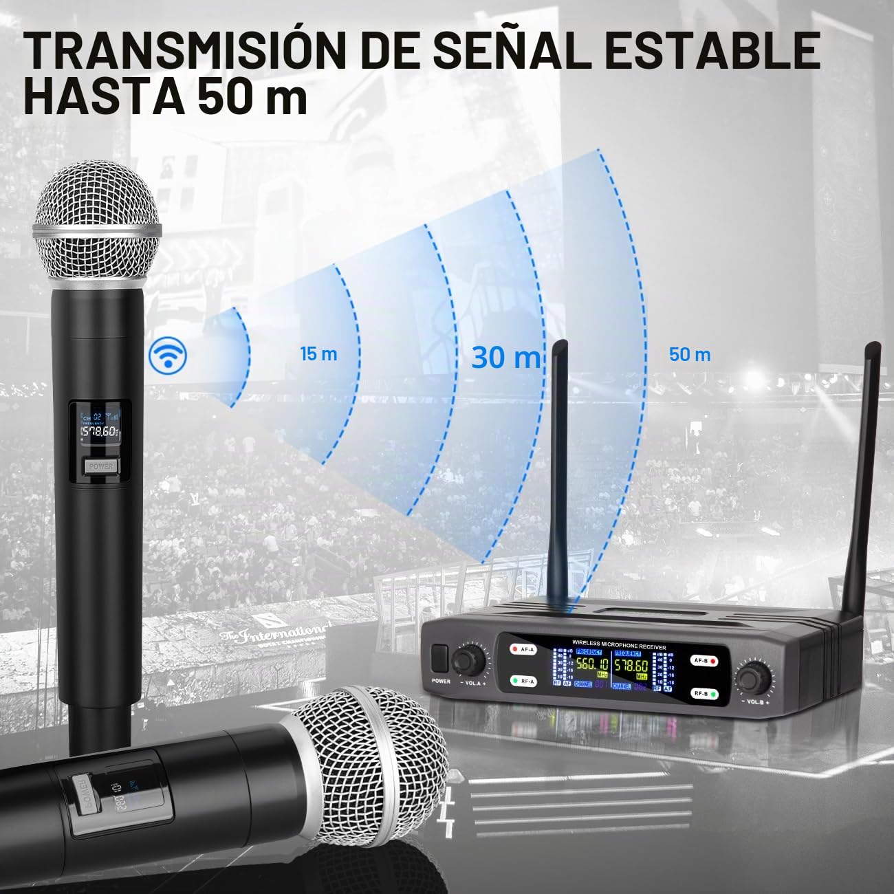 Depusheng Sistema de micrófono inalámbrico, conjunto VHF inalámbrico con doble frecuencia fija y 2 transmisores manuales dinámicos, kit de micrófono inalámbrico para canto, karaoke, iglesia, DJ