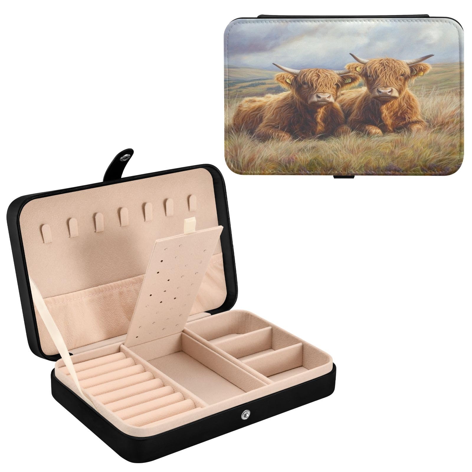 Haskirky Highland Cow Jewelry Box Portable PU Leather Travel Jewelry Organize for Women Jewelry Storage Display Holder for Ring, Necklace, Earring