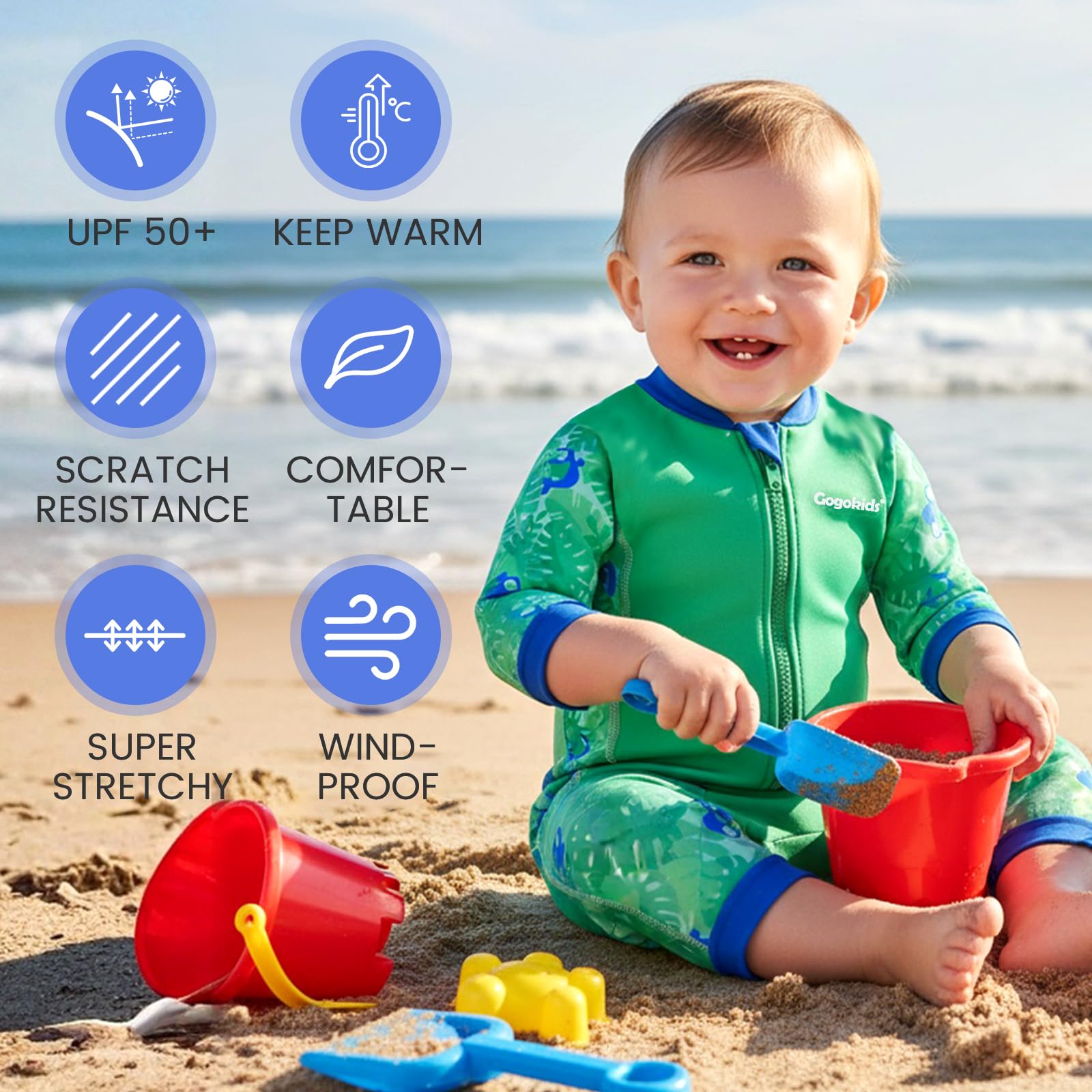 Gogokids Costume da bagno termico per bambini da 0 a 3 anni, con cerniera frontale, con fodera in pile, a maniche lunghe, per nuoto, spiaggia e giochi d'acqua