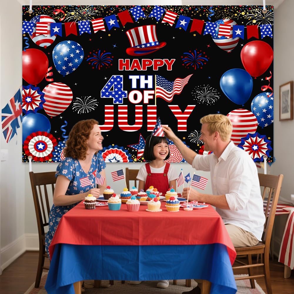 AIBIIN Happy 4th of July Backdrop Independence Day Photography Background Red White Black Blue Fourth of July Memorial Day Patriotic Party Decorations Banner Photo Booth Props 70.8 x 43.3 inch
