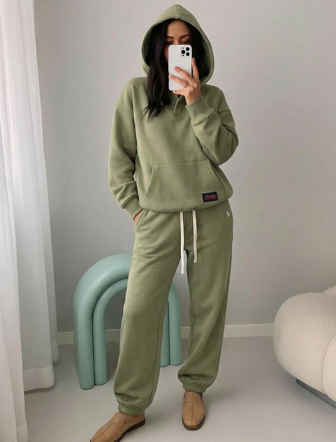 Womens 2 Piece Sweatsuit Set, 2025 Casual Long Sleeve Hoodie with Loose Wide Leg Sweatpants for Fall and Winter - Image 2