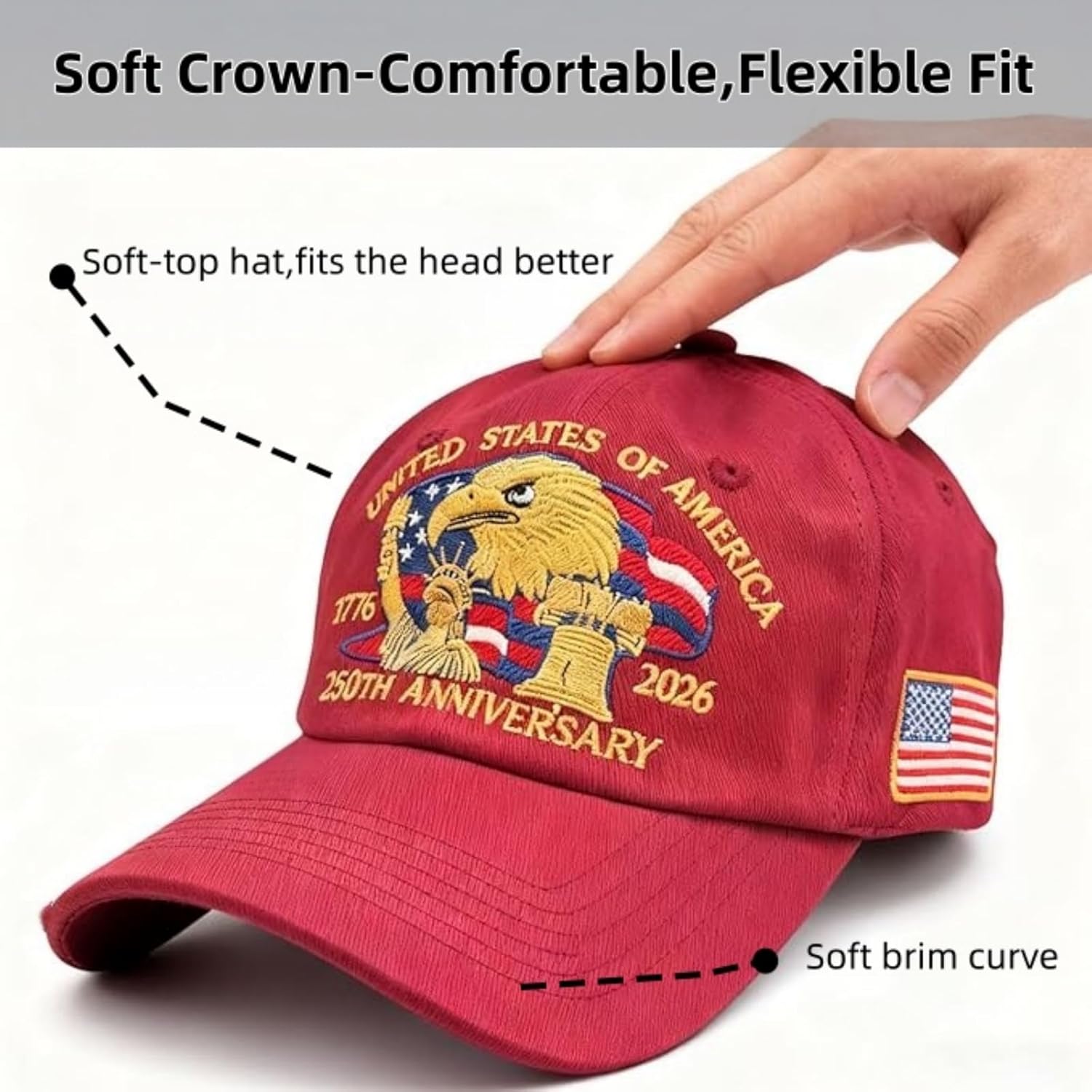 250th Anniversary USA Hat, Embroidered Eagle & Liberty Patriotic Adjustable Baseball Cap for Men & Women,Navy Blue/Red/Black - Image 3