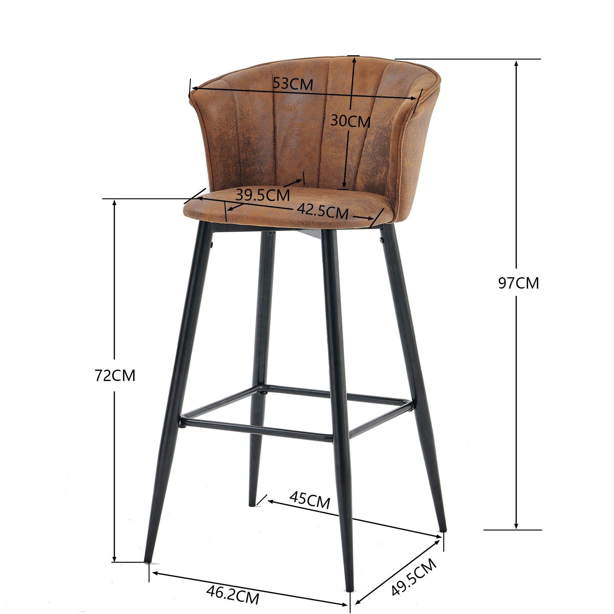 Meuble Cosy Lot de 2 Tabouret de Bar Rétro Vintage avec Accoudoirs Dossier et Repose-Pieds, Chaises Rembourrés en Suède Marron, Siège de Cuisine de 72 cm Haut, Style Industriel