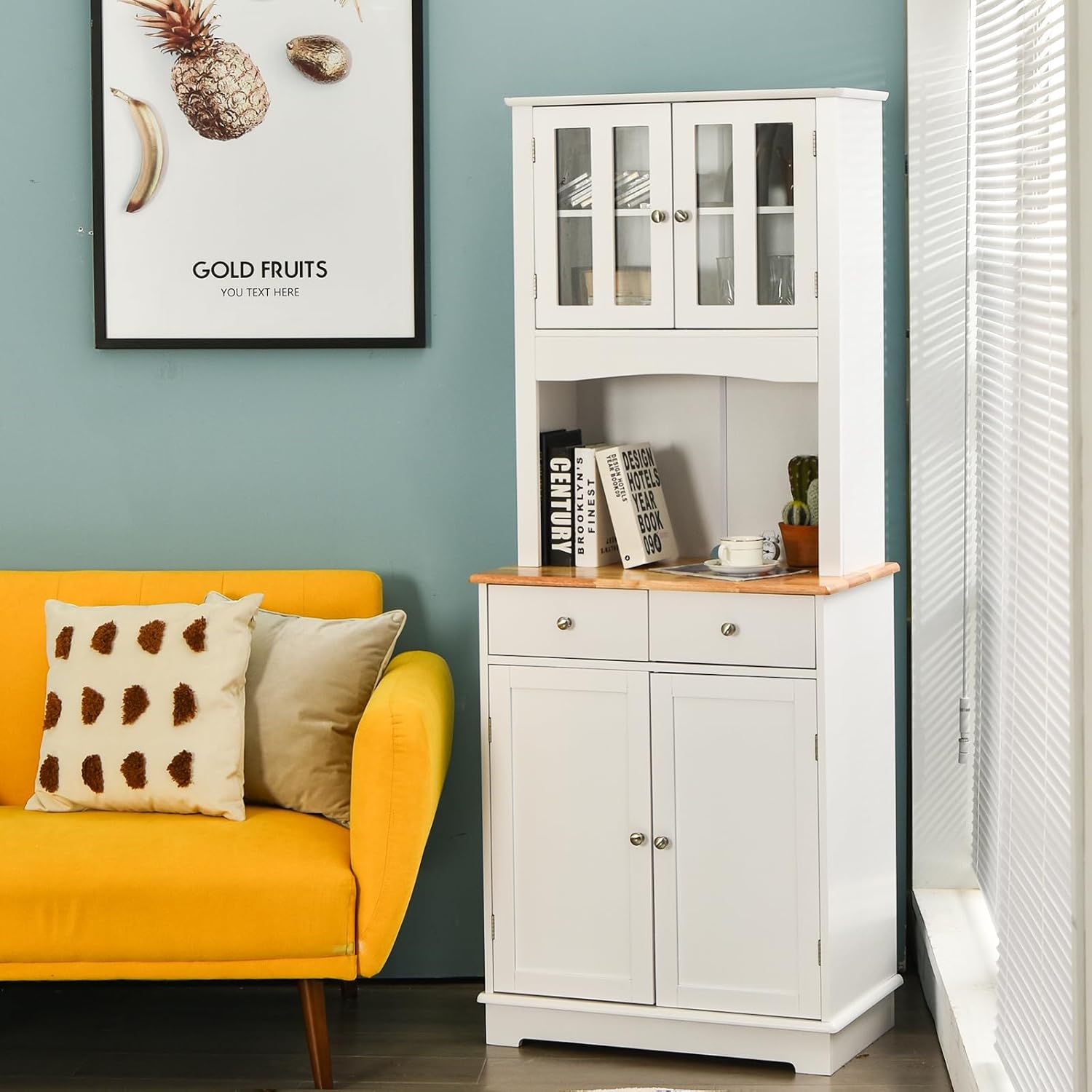 67” Kitchen Pantry Storage Cabinet, Wooden Buffet Hutch with Glass Doors, 2 Drawers, Adjustable Shelves, Tall Cupboard for Dining Room, Kitchen Hutch with Countertop, White