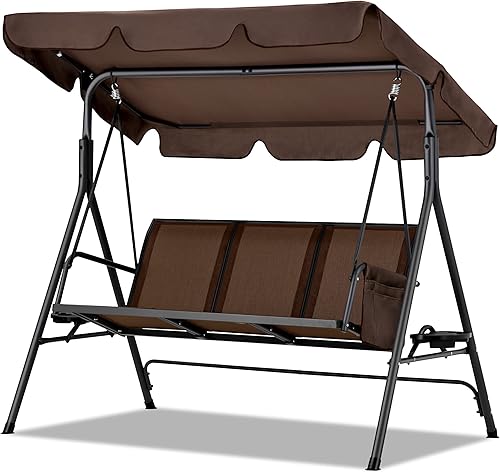 Haddockway Columpio ajustable para exteriores de 3 plazas columpio de porche con soporte reposabrazos tela de textileno marco de acero columpio de