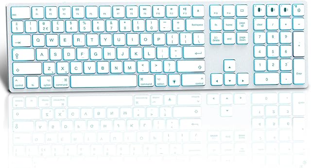 Multi-Device Bluetooth Backlit Keyboard for Mac OS, Wireless Keyboard for 3 Devices with 7 Colors Backlight Rechargeable Slim Silent UK Layout Compatible with MacBook, iMac, iOS, White Silver