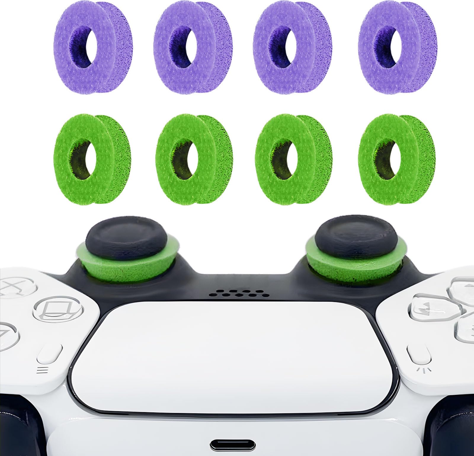 8 Pack Precision Rings Aim Assist for PS5, for PS4, Compatible with Xbox Controllers Accessories– Control with Soft Silicone Rings – Compatible with Fortnite &amp; FPS Games，Purple+Green