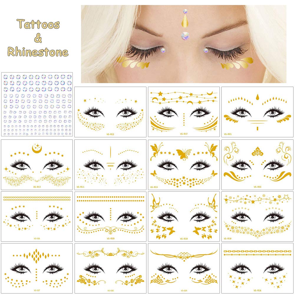 16 Sheets Face Tattoos Set - Metallic Temporary Tattoos & Crystal AB Rhinestone Sticker Face Jewels for Party Women Girl Make Up Dancer Costume Accessory Shimmer Glitter Gold Waterproof Paper Transfer