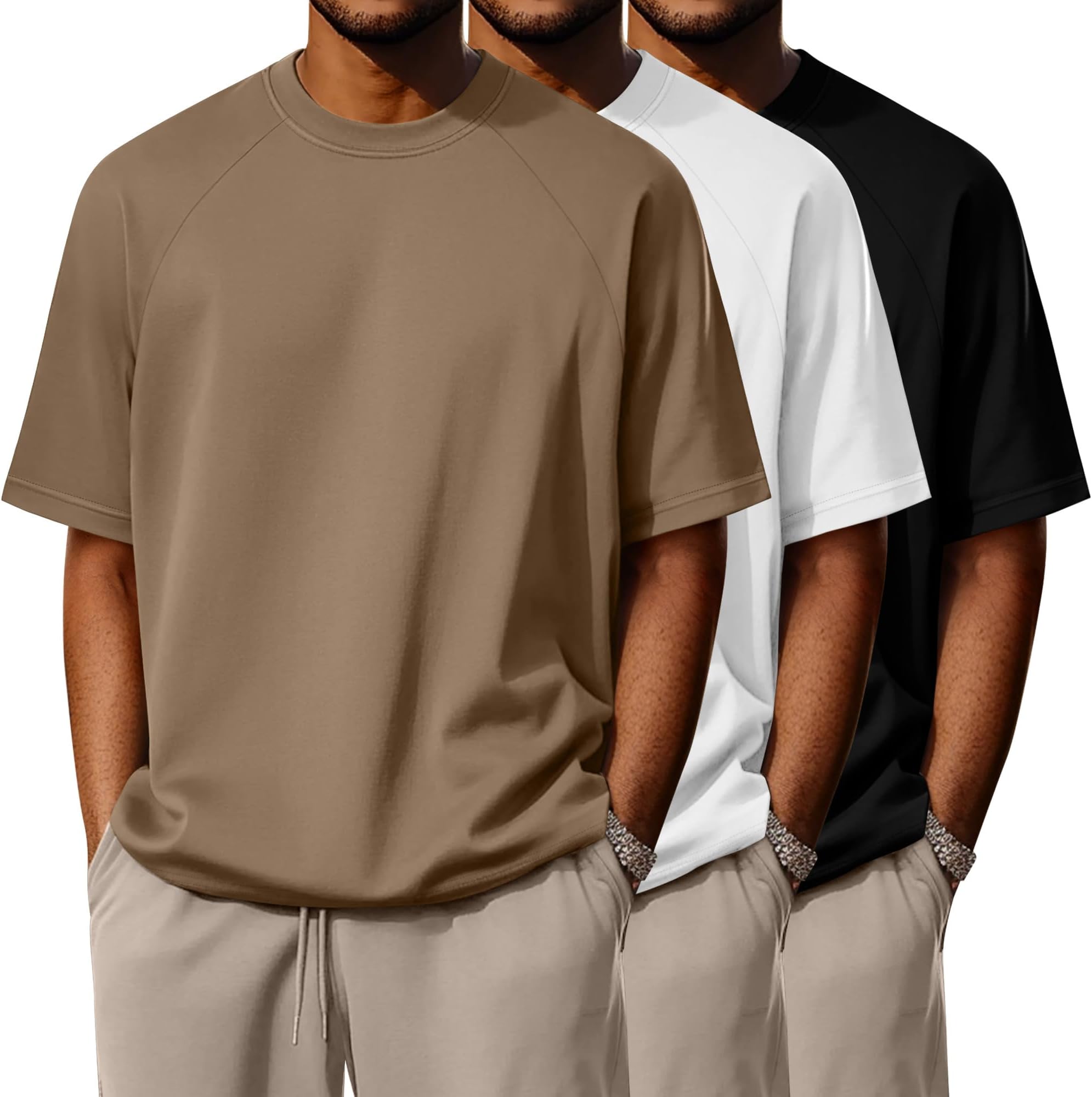 3 Pack Cotton Men's Oversized T Shirts Big and Tall Shirts Raglan Short Sleeve Crew Neck Plus Size Tee