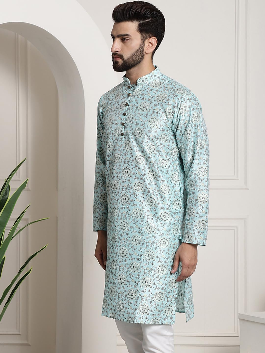 Sojanya (Since 1958 Men's Silk Blend Sea Green Color Print Design Only Long Kurta