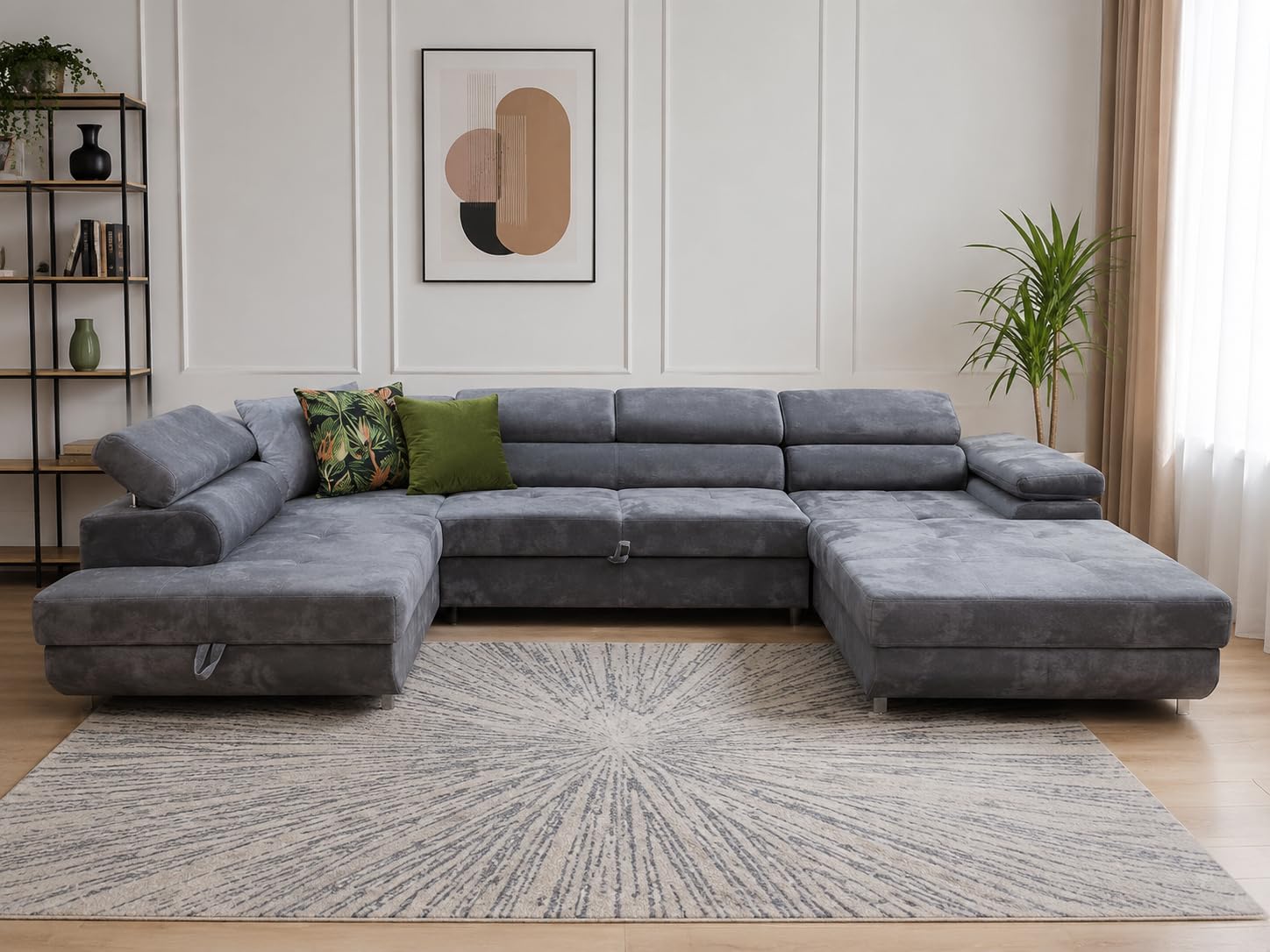 U-Form Sofa Rodos 345x202x90 cm, Schlaffunktion, Grau, Links
