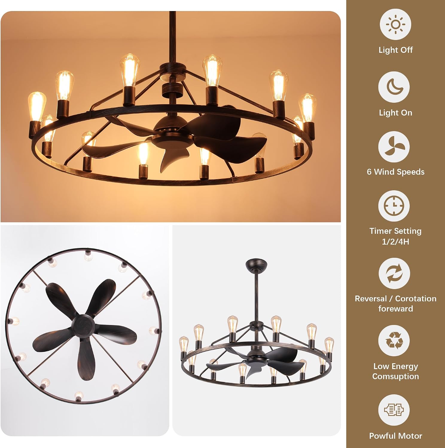 COCOSTAR Wagon Wheel Chandelier Fan,Rustic Chandelier Ceiling Fan for Large Room (44" Bronze)