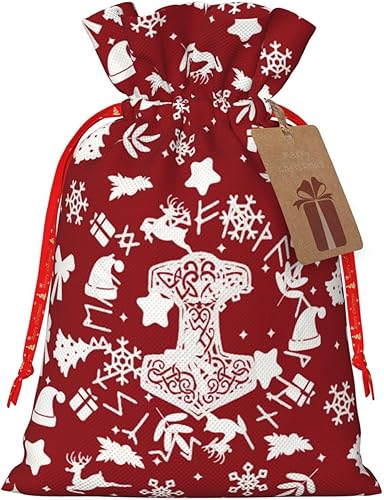 BYOBLU Vikings Mjolnir And Rune Wheel Norse Mythology Symbol Christmas Gift Bags, Santa Wrapping Bag,With Drawstring And Tags For Reusable