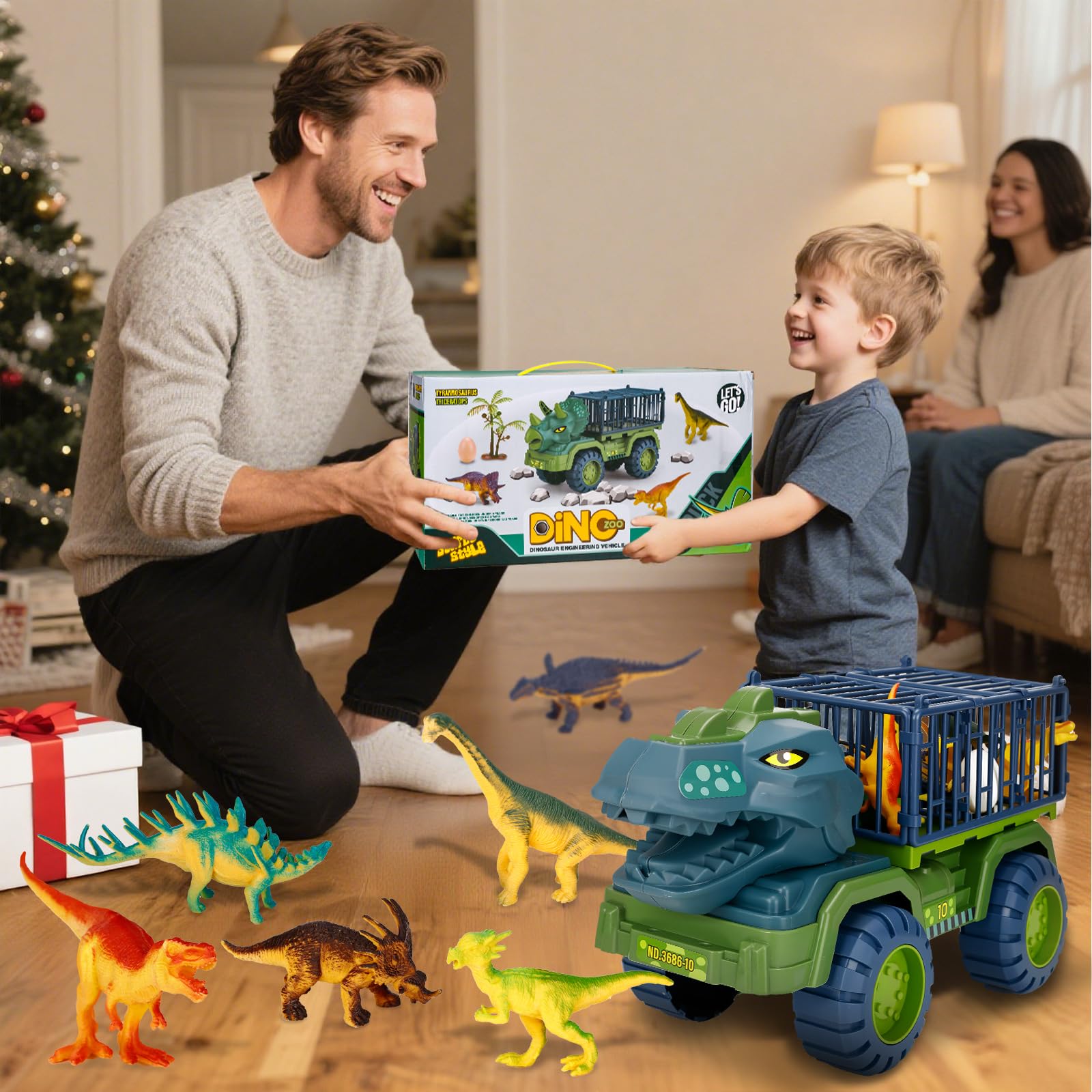 Camión Transportador de Dinosaurios,Juguete de Camión de Dinosaurio,Transportador de Autos Dinosaurios para Niños,Transportador de Coches con 15 Animales de Juguetes Dinosaurios Juegos Set Caja