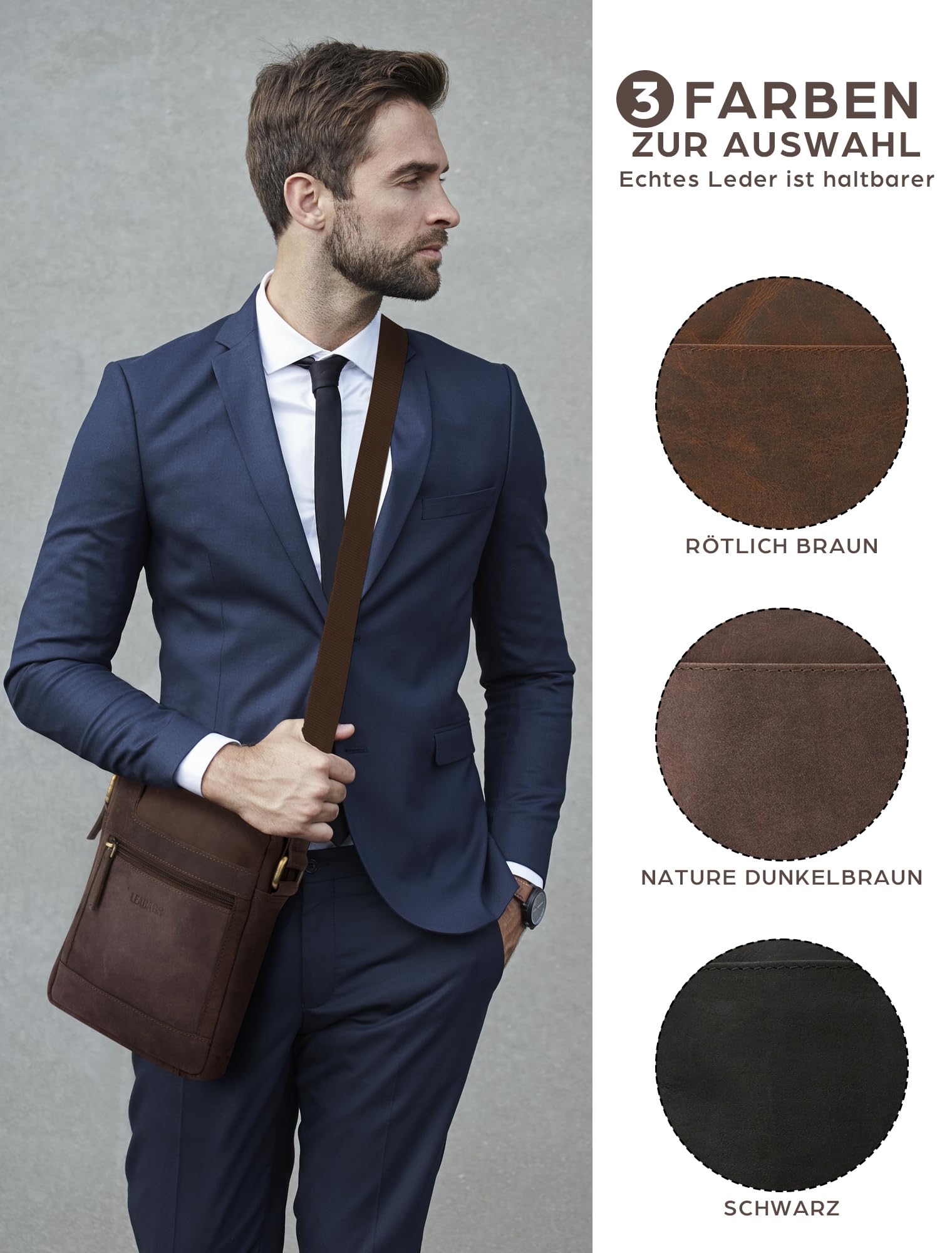 LEABAGS Leder Umhängetasche Herren - Messenger Bag Herrenhandtasche, Vintage Echtleder Crossbody Bag Herren, 2.2 l Handtaschen Arbeitstasche Tragetasche, Schultertasche für Männer(Nature Dunkelbraun)