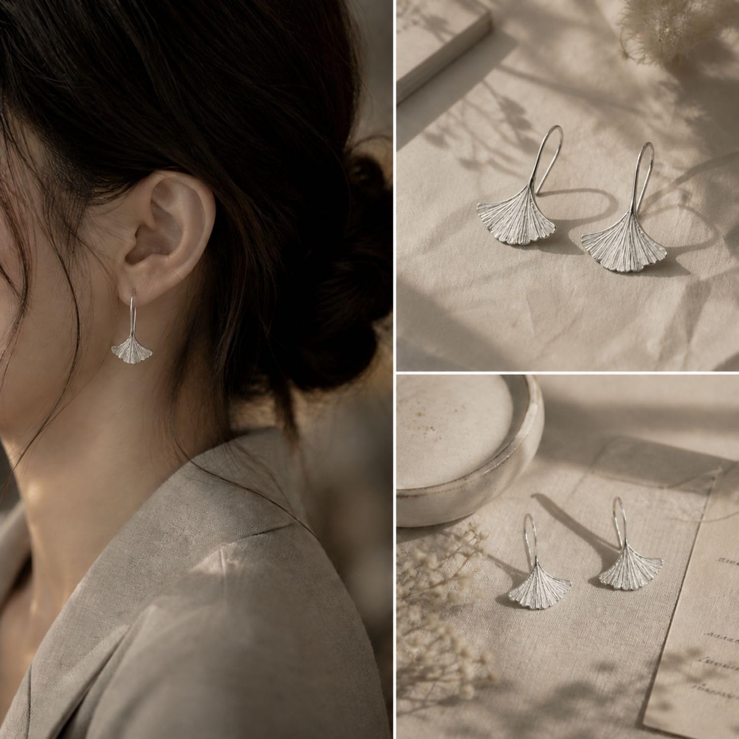 SOVATS Orecchini pendenti Ginkgo in Argento Sterling 925, Placcati in Rodio, Design minimalista, Senza nichel, Ipoallergenici, Elegante gioiello per donna