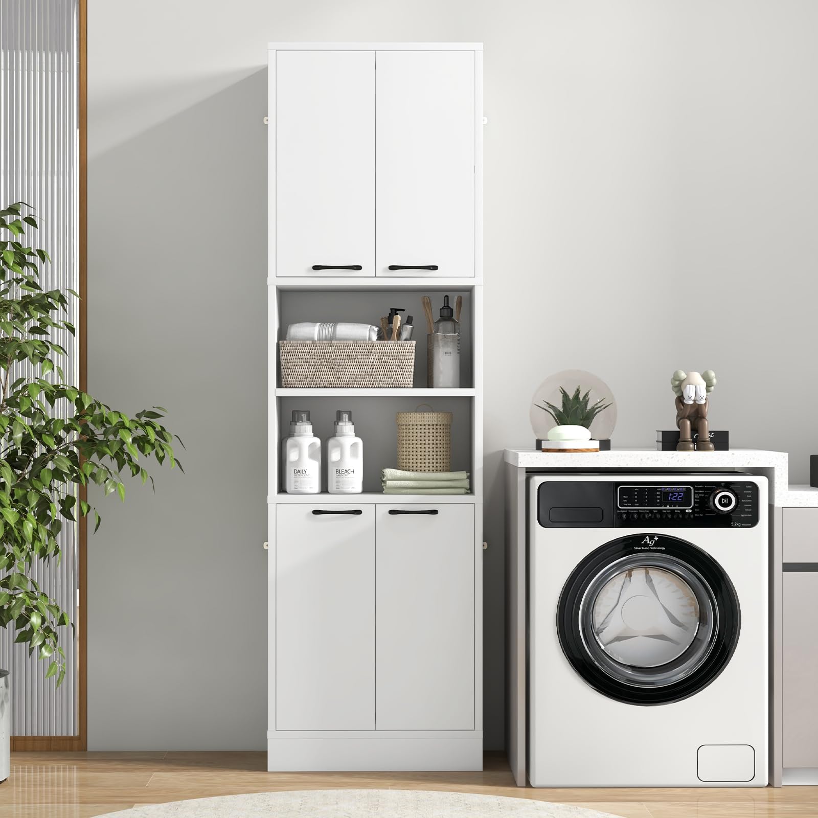 GIANTEX Credenza da Cucina Alta 190 cm con 4 Ante, 2 Scomparti Aperti e 6 Ripiani, 4 Kit Antiribaltamento, Armadio Portaoggetti per Cucina e Bagno