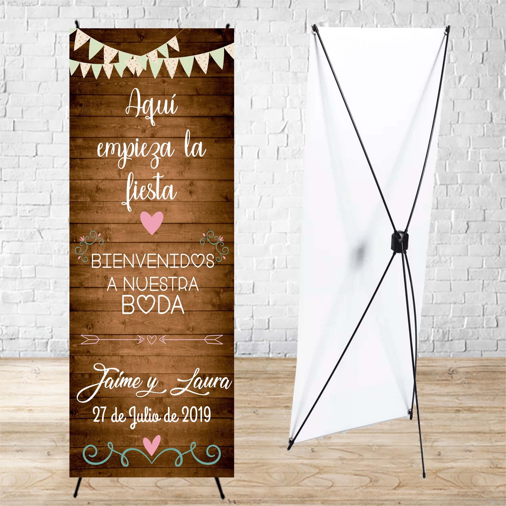 Cartel Boda aqui empieza la fiesta con soporte 60 x 160 cm. Decoración boda, Photocall personalizado con nombres y fecha. Fabricación Española, banner de bienvenida