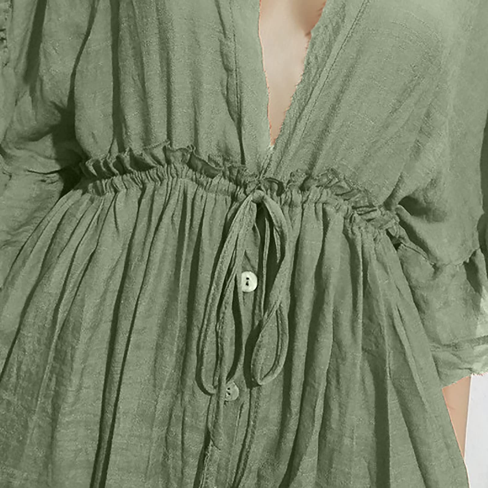 Damski długi plażowy kimono, kardigan z przodu, guziki, bikini, strój kąpielowy okrycie ze sznurkiem, damskie okrycie z frędzlami, wykończenie z paskiem, midi, długość do kostki, dekolt w serek