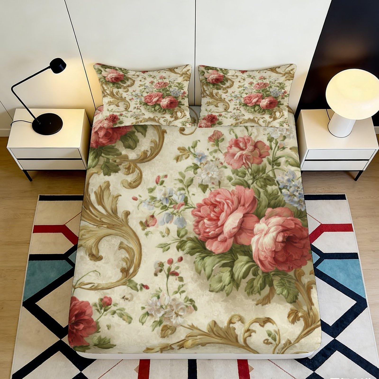 Pnayamiorkfel Style-5 3D Printed Vintage Floral Fitted Sheet Microfiber Soft Pink Peony Baroque Bed Cover For Bedroom Guest Room Easy Care 90X200x25cm