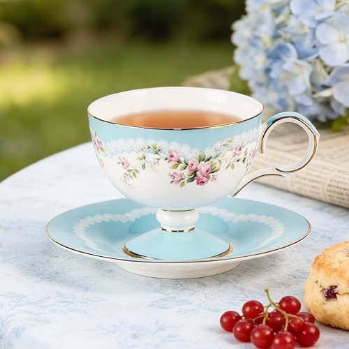 Miniatura 4 de KAMMAK Juego de 2 tazas de café de cerámica, tazas de café de porcelana con platillos, 6.52 onzas hechas a mano, elegante taza de té de porcelana de