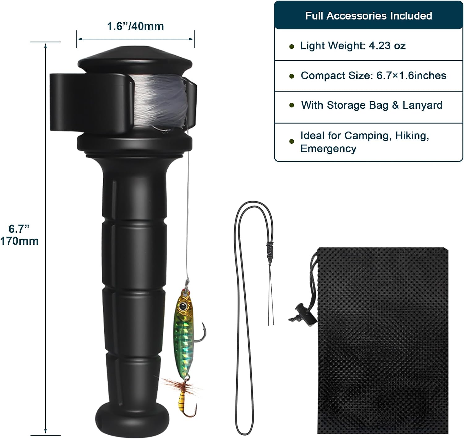 2.0 Backpacker Survival Fishing Kit, Emergency Lightweight Fishing System for Travel, Hiking, Camping (Black)