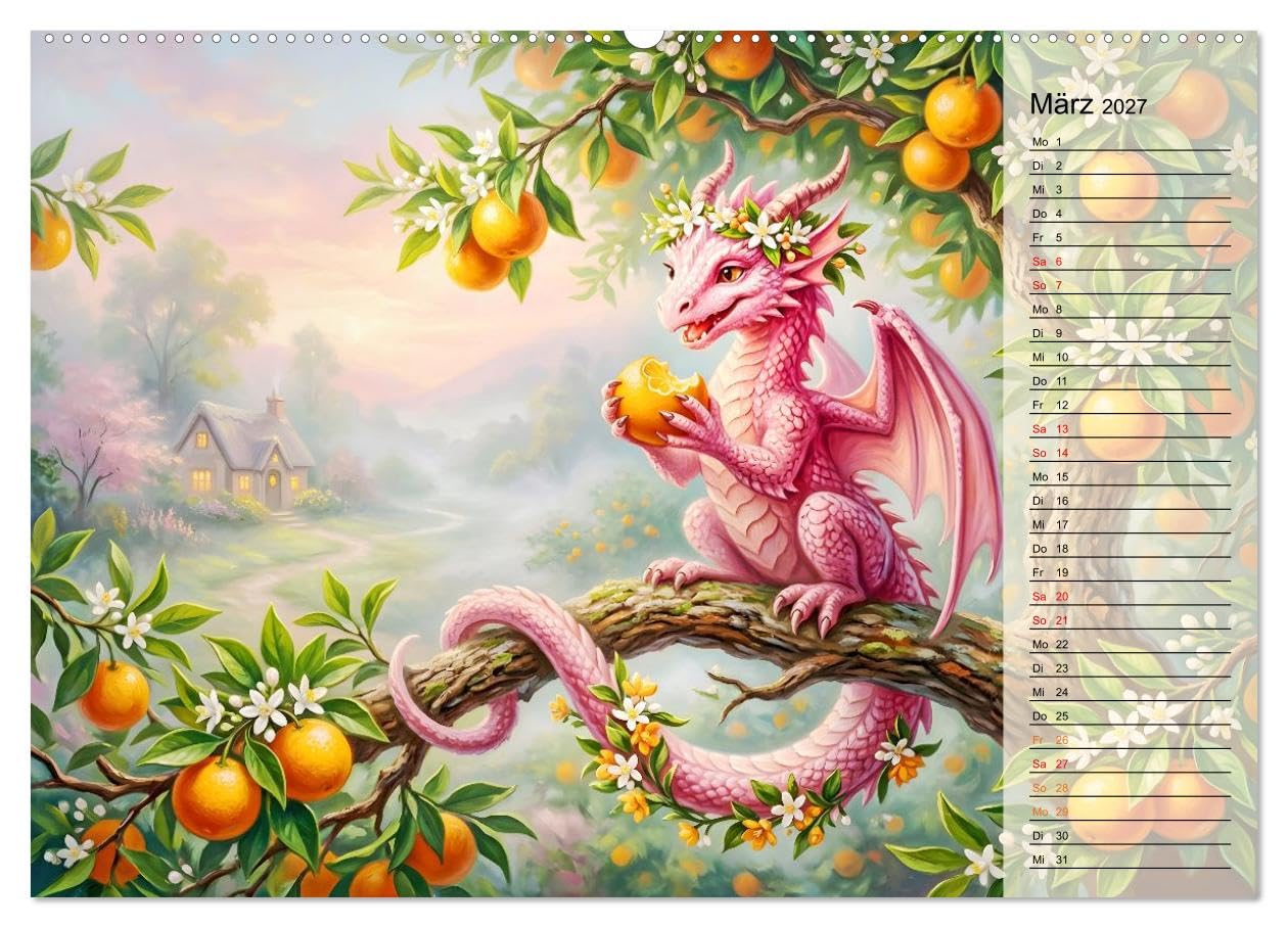 CALVENDO · Diebische Drachenmädchen (Kalender 2027) | DIN A2 Querformat · Wandkalender · Freche Naschmomente im geheimen Obstgarten