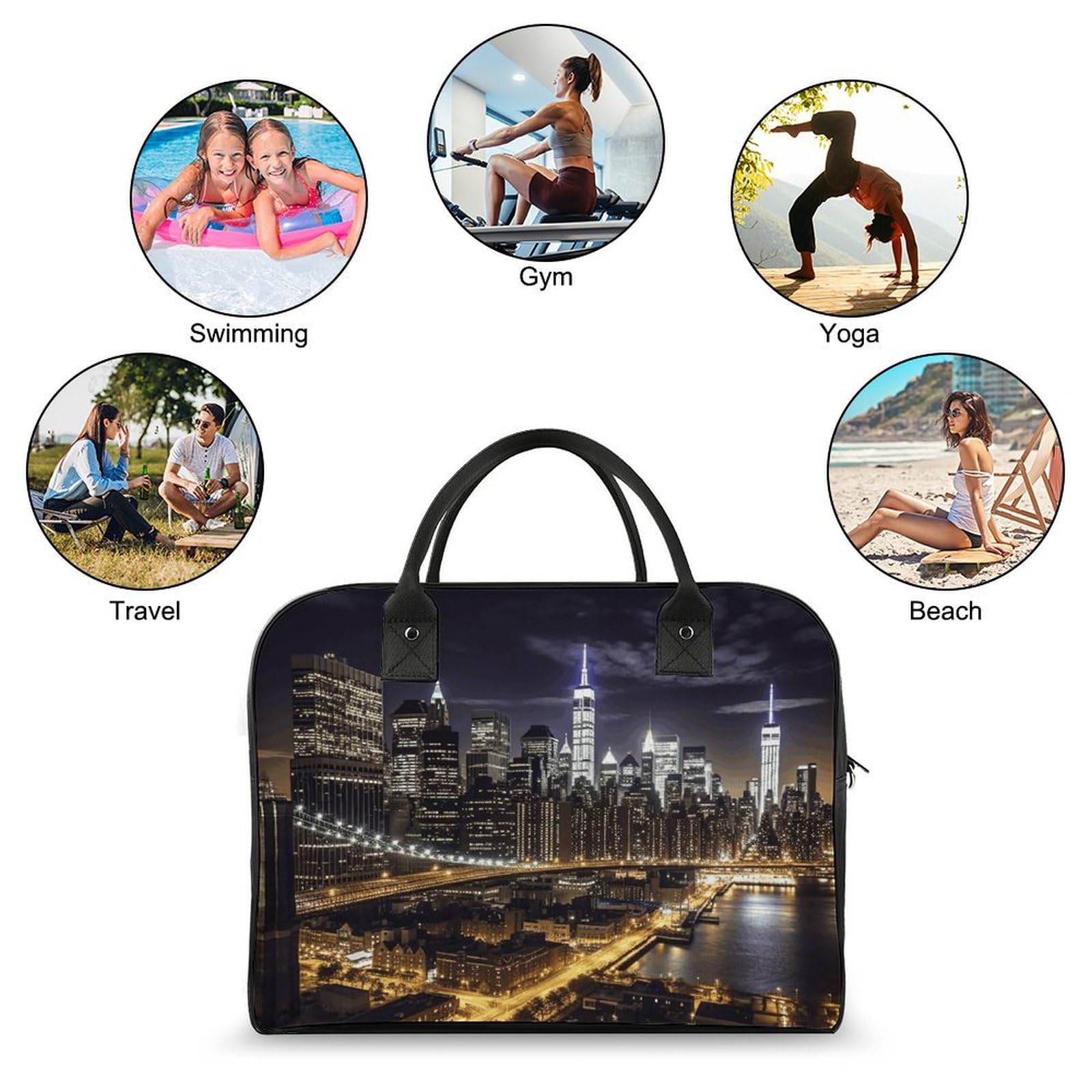 Multifunktionale Reisetasche, Motiv: Stadt bei Nacht, bedruckt, Reisetasche, Handgepäcktasche, Übernachtungstasche, Wochenendtasche, Schwarz, Einheitsgröße, Schwarz, Einheitsgröße