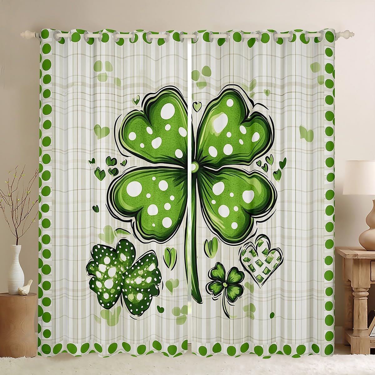 Erosebridal 2 Panels,38"x45" Green Clovers 100% Blackout Window Curtain for Kids Teens,St. Patrick's Day Curtain,Plaid Grid Curtains & Drapes,Seasonal Spring Botanical Window Treatments