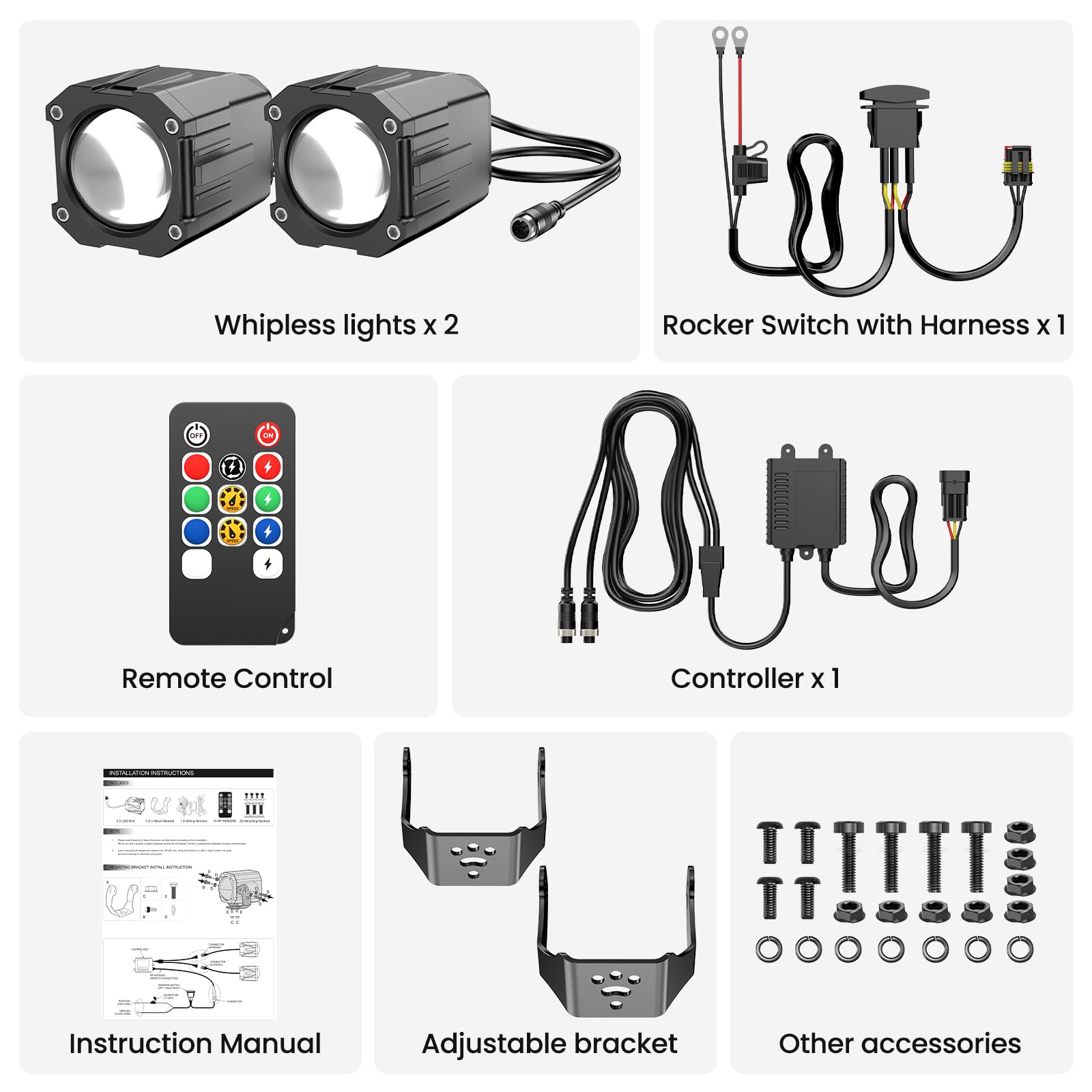 60 mm Whipless Led Whip Lights z przełącznikiem kołyskowym, zestaw combo, regulowane mocowania, kompatybilne z UTV/ATV/SXS/Polaris RZR/Can-Am/Maverick X3/CFmoto/Kawasaki, wielokolorowe