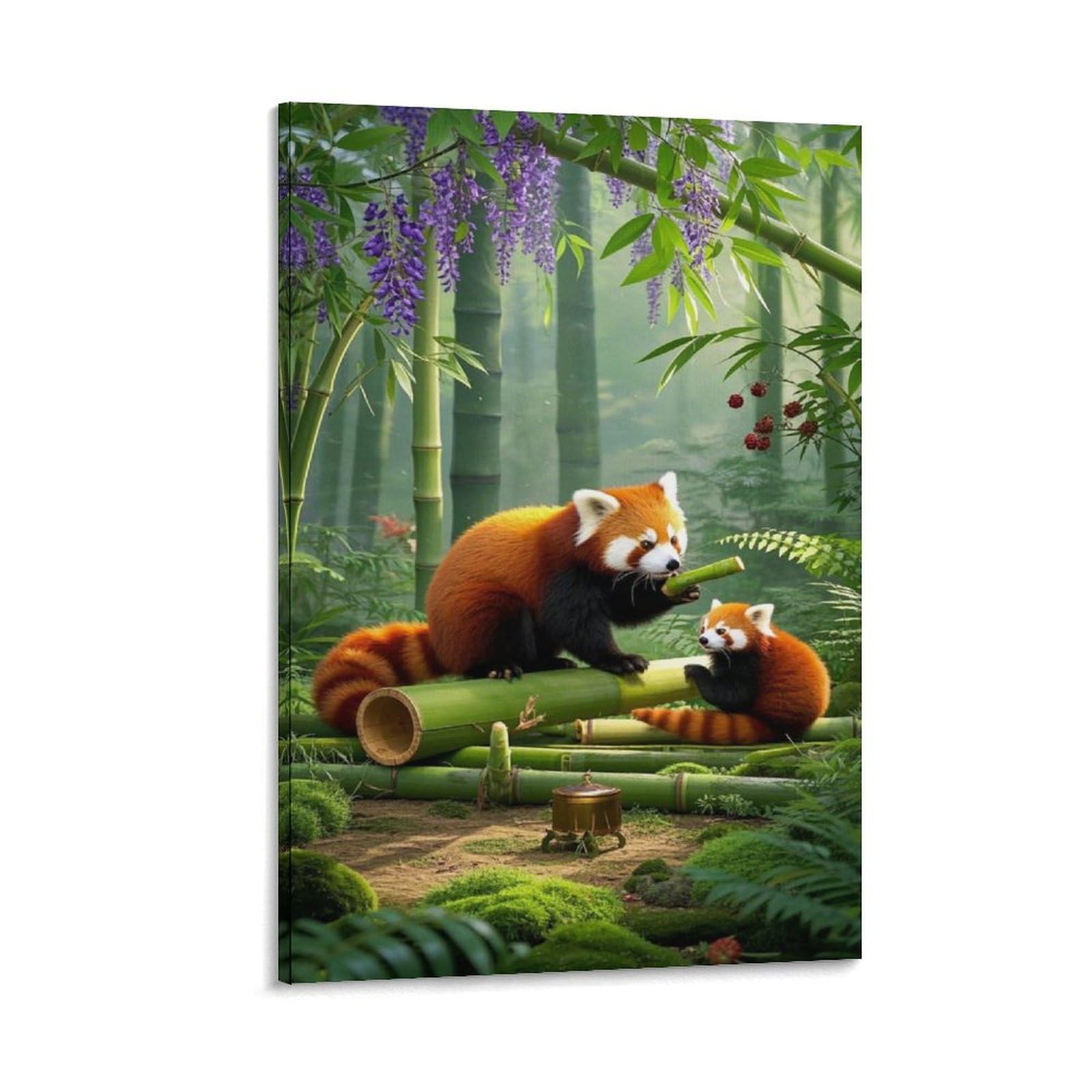 Yyvkpmlxc Frame-Style Red Panda Prints Artwork Bamboo Pictures Canvas Wall Art Giclee Painting Picture Ready To Hang For Home Decor 16X24inch(40X60cm)