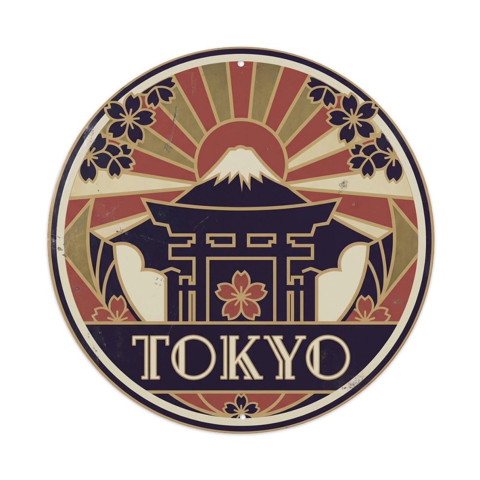 Tokyo Deco Style Classic Vintage Cityscape Travel Temple Metal Tin Sign Plaque Wall Decor for Cafe, Man Cave, Club Bar, Office, Home Garden Round Metal Poster 8x8Inch