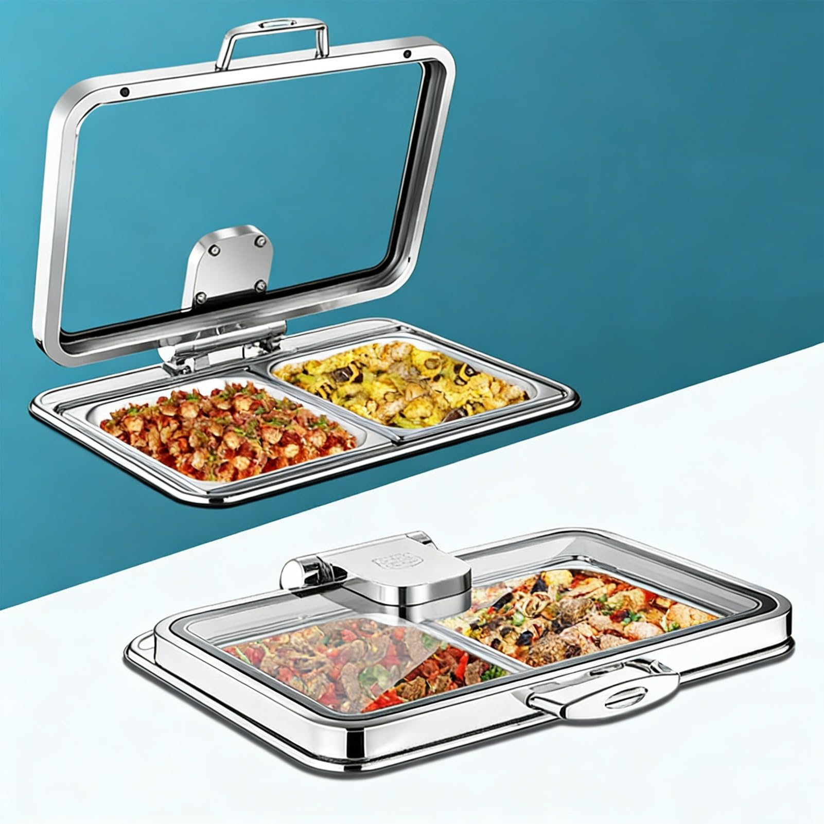Scaldavivande Buffet, Set Per Buffet Scaldavivande E Coperchio In Vetro Trasparente, Pentola Riscaldante Rettangolare Per Hotel Matrimoni(13L-B)