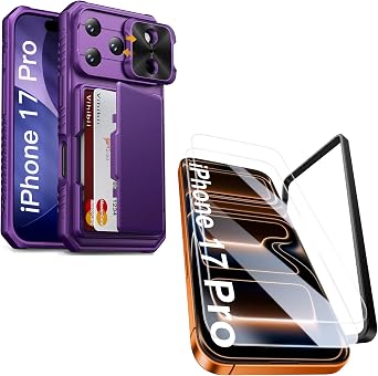 Vihibii for iPhone 17 Pro Case with Card Holder & Screen Protector [2 Pack] & Slide Camera Cover, Bulit-in 9H Hardness Tempered Glass Film with Easy Installation Tool for iPhone 17 Pro, Dark Purple