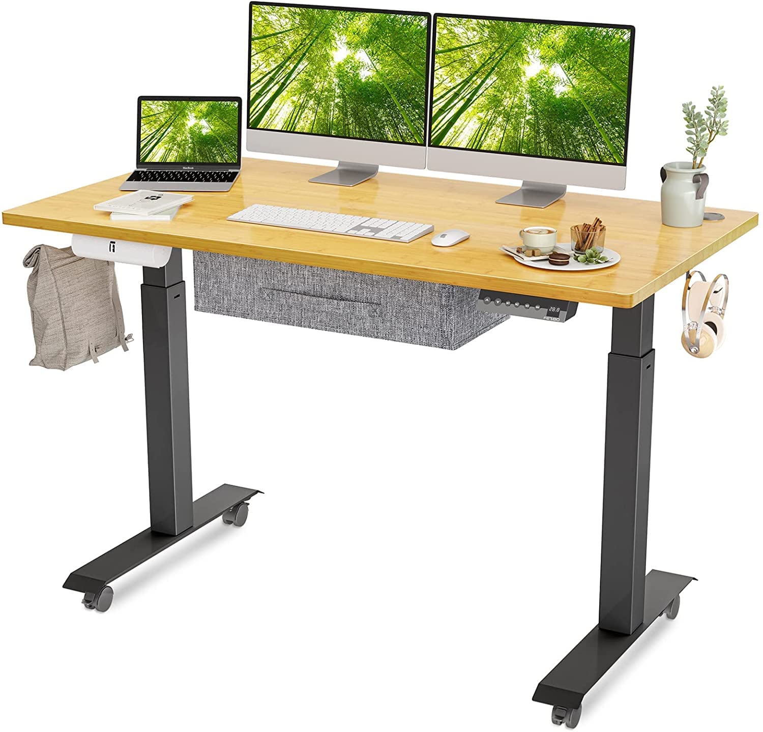 Photo 1 of BANTI Adjustable Height Standing Desk with Drawers, 55x24 Inches Electric Stand Up Desk, Sit Stand Home Office Desk with Black Frame/Bamboo Top (B-SDE-55BO) 55x24 Inch Bamboo