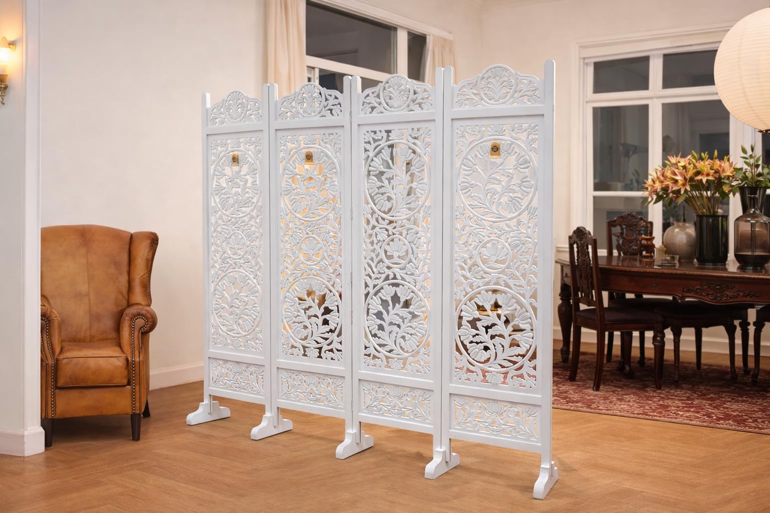 THE WOODEN SHOPPEE Wooden Room Partition and Folding Privacy Screens Wooden Room Divider for Bedroom Home Office Room Divider Room Partition (6 Feet 4 Panel with Stand)-image-42