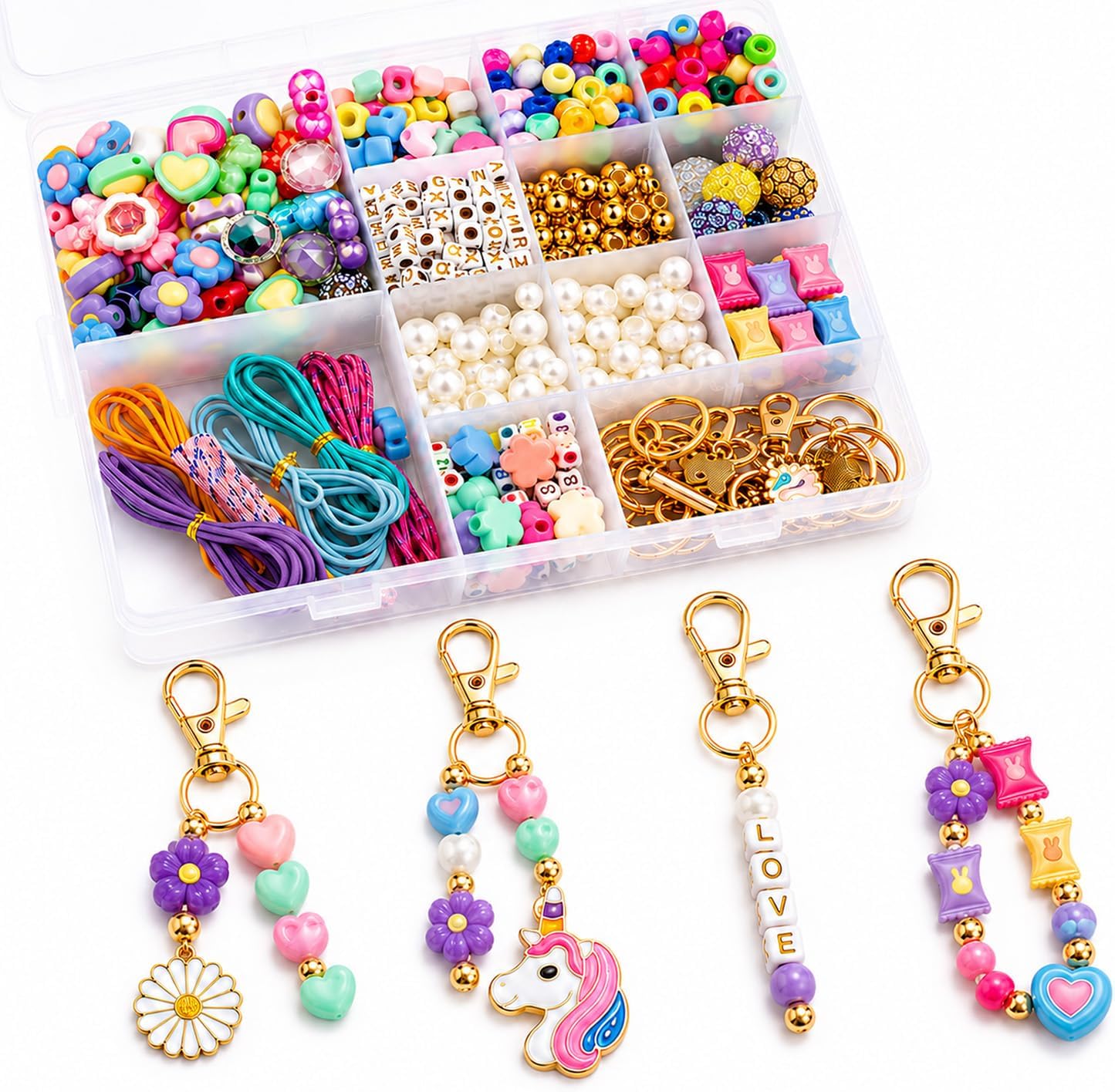 Fcoget 850pcs DIY Keychain Making Kit, Beads Colorful Bag Charm Kit
