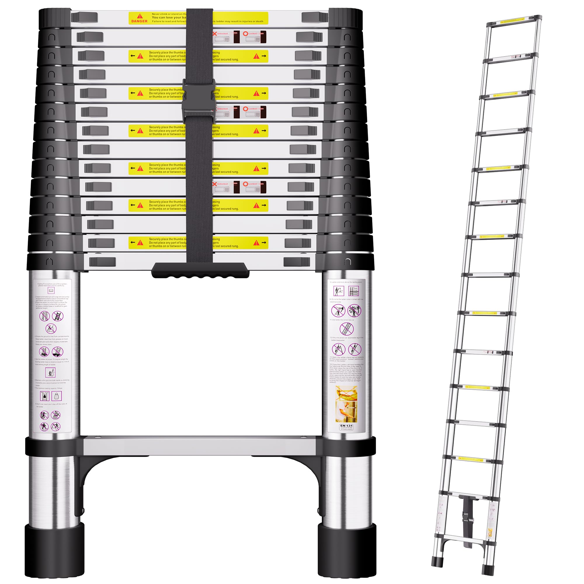 Telescopic Ladder, 4.4M Stainless Steel Loft Ladder with Non-Slip Feet and Triangle Support, Portable Ladders Extendable Thickened High-Strength, Ladders for Roof Attic Caravans — image 1