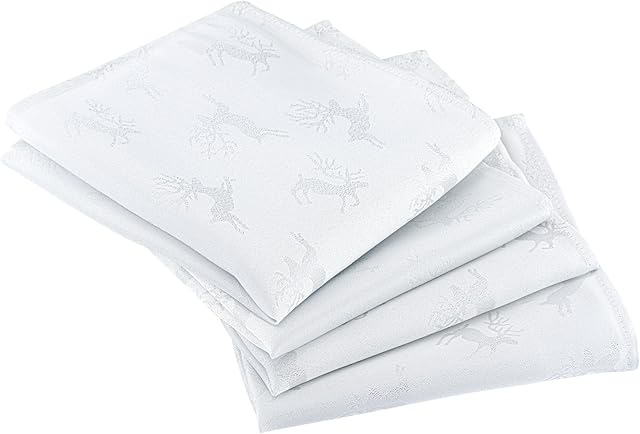 Celebright Christmas Pack of 4 Napkins - Square 17 x 17 inches (43 x 43 cm) - Ideal Xmas Dinner Table Decorative Settings - Embossed Metallic Deer Design - White & Metallic Silver