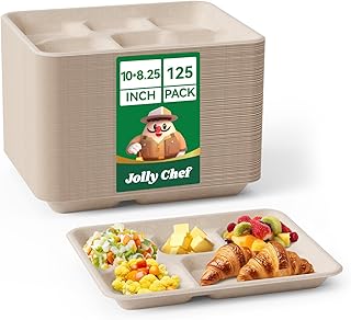 JOLLY CHEF Compostable 5 Compartment Paper Plates 10 * 8.25 * 1 inch 125 Pack Small Disposable Eco-Friendly Biodegradable Food Trays for Primary and Secondary School Students’ Lunch Christmas(Brown)