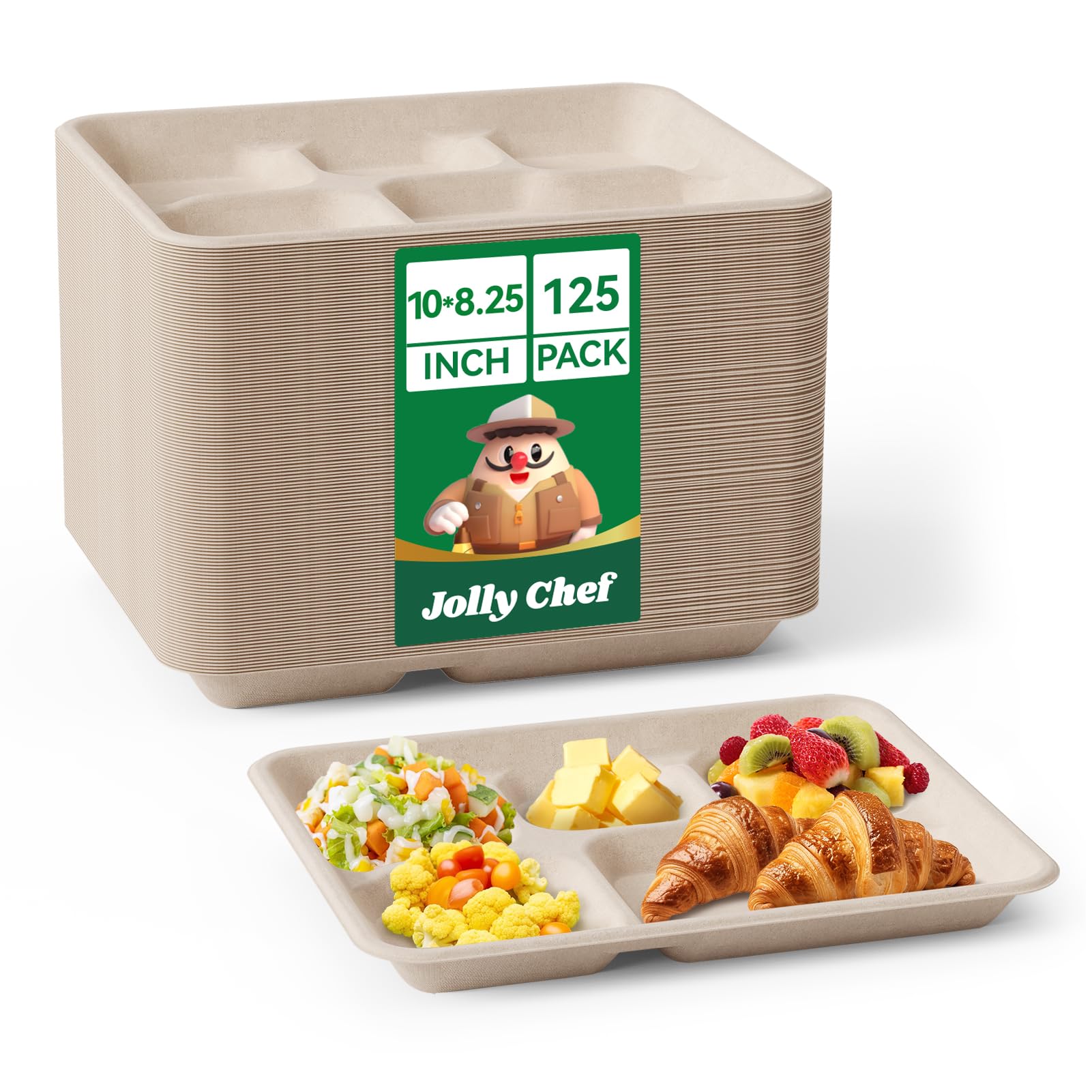 JOLLY CHEF Compostable 5 Compartment Paper Plates 10 * 8.25 * 1 inch 125 Pack Small Disposable Eco-Friendly Biodegradable Food Trays for Primary and Secondary School Students’ Lunch Christmas(Brown)