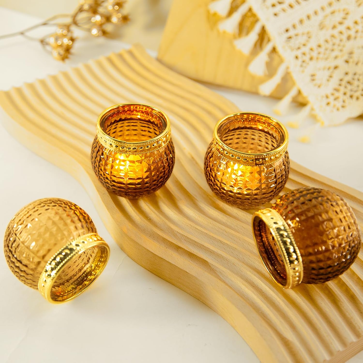 Candle Holder Set of 12, Small Tealight Candle Holder, Vintage Glass Votive Candle Holders for Table Centerpiece Wedding Home Decor Holiday Decor (Amber) - Image 8