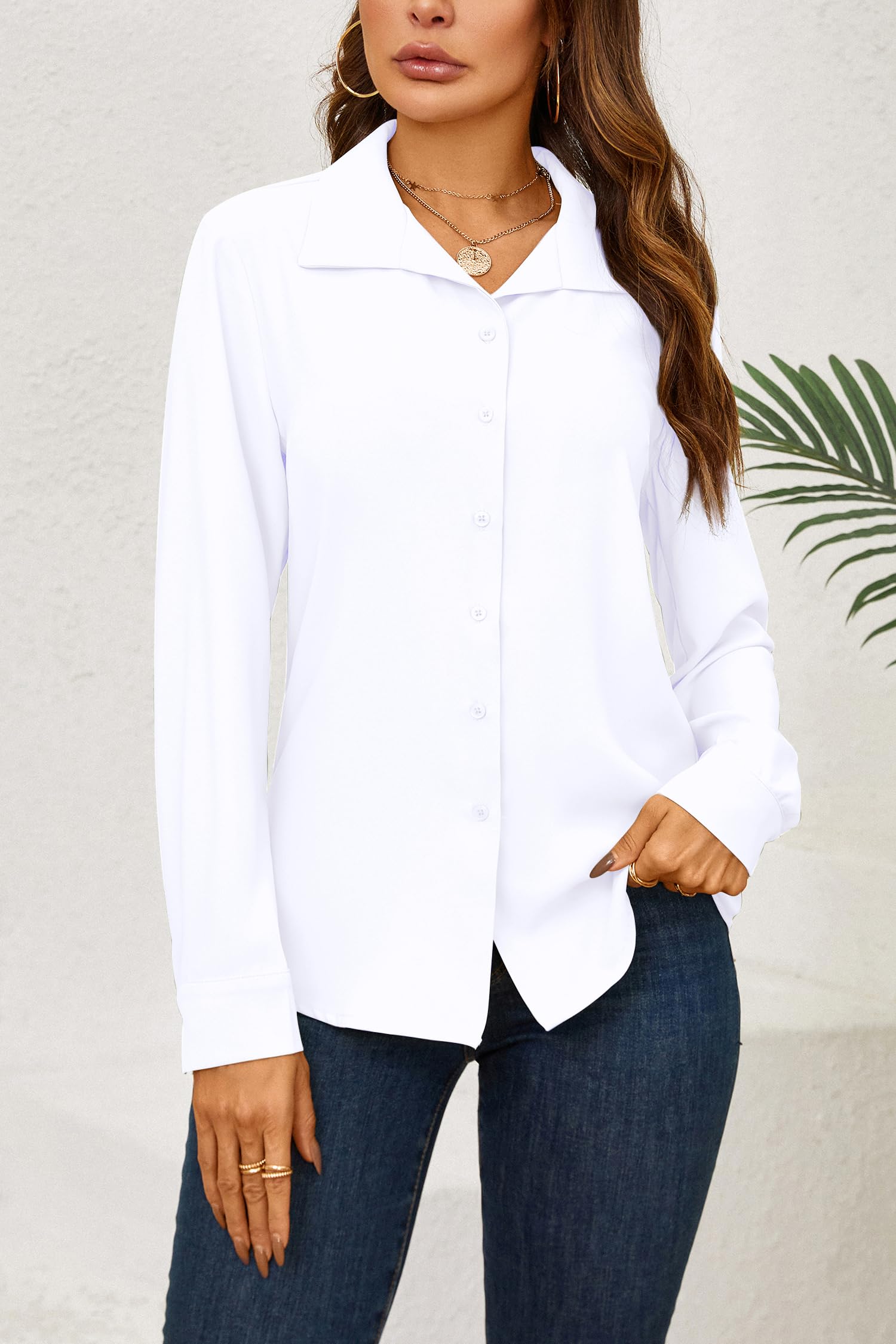 Camicia da donna con bottoni, elegante, casual, a maniche lunghe, scollo a V, per lavoro, ufficio, senza pieghe