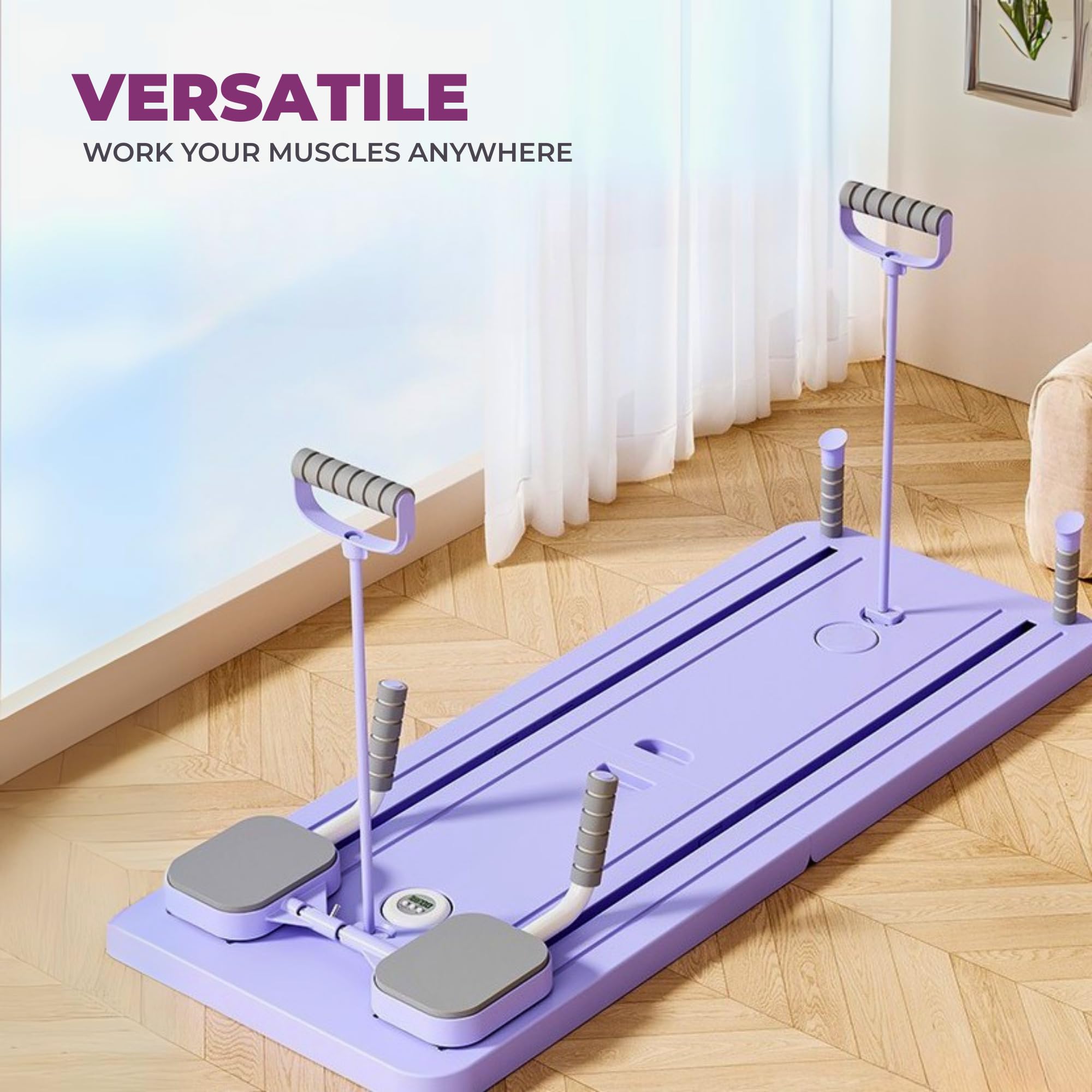 Pilates Reformer Pieghevole.Tavolo Reformer Multifunzionale Addominali con Base Scorrevole, Fasce di Resistenza e Timer, Kit per Aallenamento a Casa con Impugnature Antiscivolo.