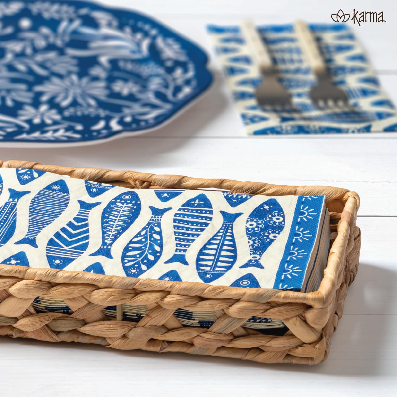 Karma, Woven Napkin Holder with Paper Napkin Set, Thistle