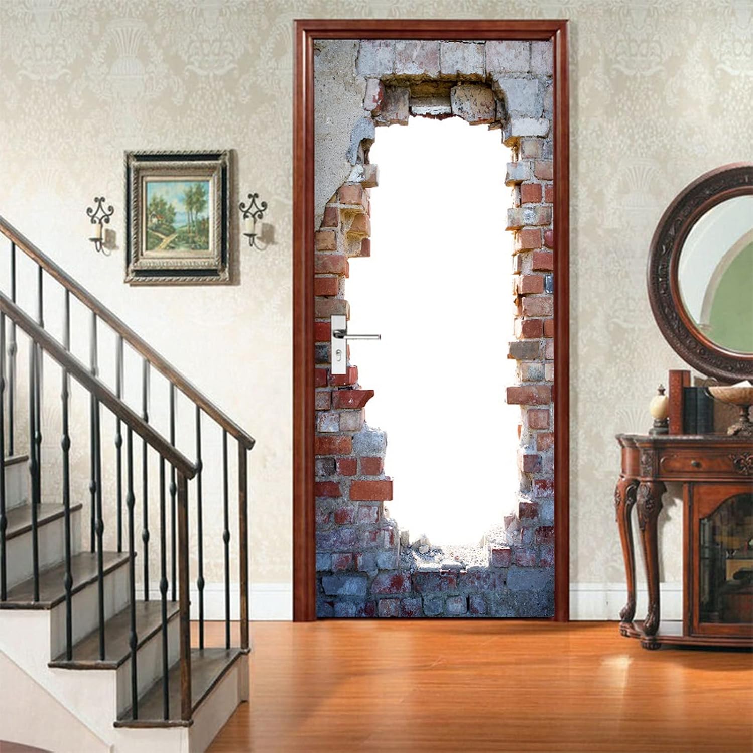 A.Monamour 3D Door Stickers for Interior Doors A Hole in The Red Brick Wall Texture Vinyl Waterproof Self Adhesive Door Mural Decals for Bedroom Office Bathroom 77 x 200 cm