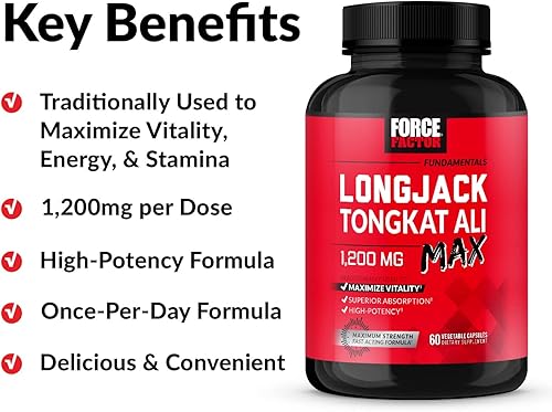 Miniatura 4 de FORCE FACTOR Longjack Tongkat Ali Max, Tongkat Ali para hombres, suplemento de resistencia y vitalidad masculina hecho con ingredientes naturales