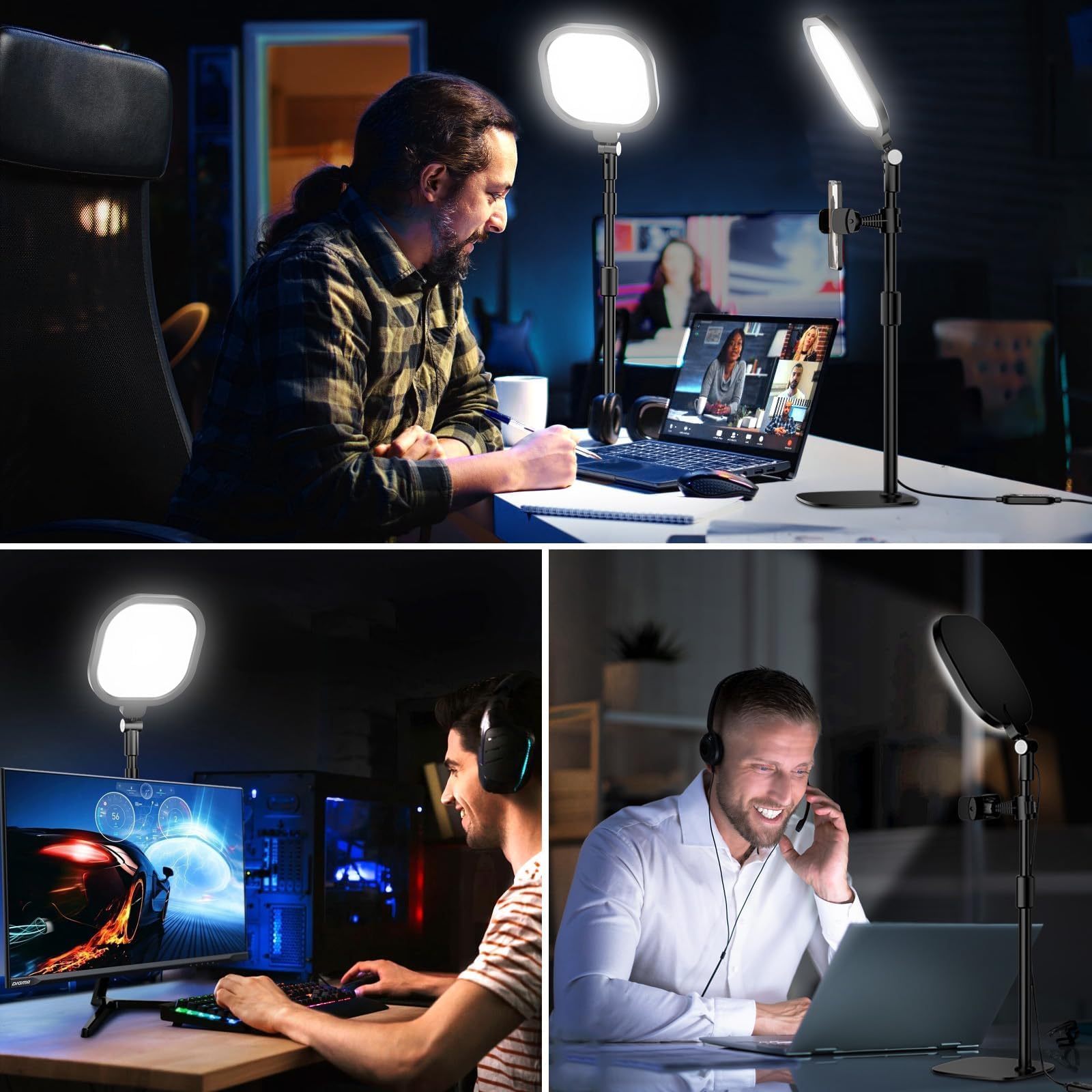 LitONES Schreibtischlampe LED für Videokonferenz, Dimmbar Tisch Ringlicht mit Stativ Handy - 3 Lichtfarben + 10 Helligkeiten, CRI 97.8 Augenschutz Bürolampe für Home-Office [Energieklasse A]